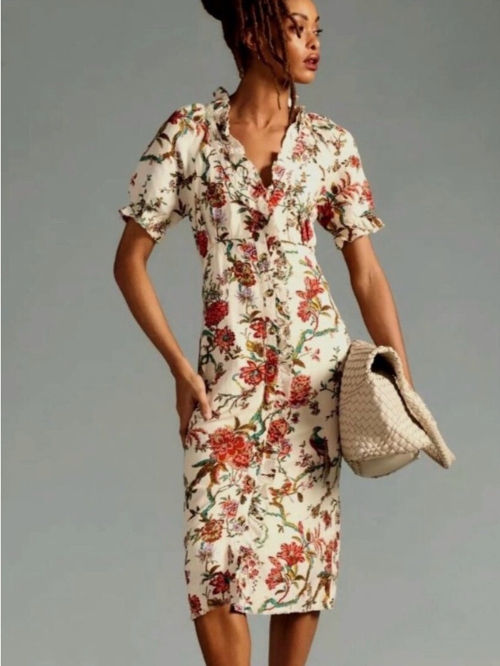 Anthropologie Pilcro Midi Dress Linen Ruffle Floral Bird Raw Edge plus size 24